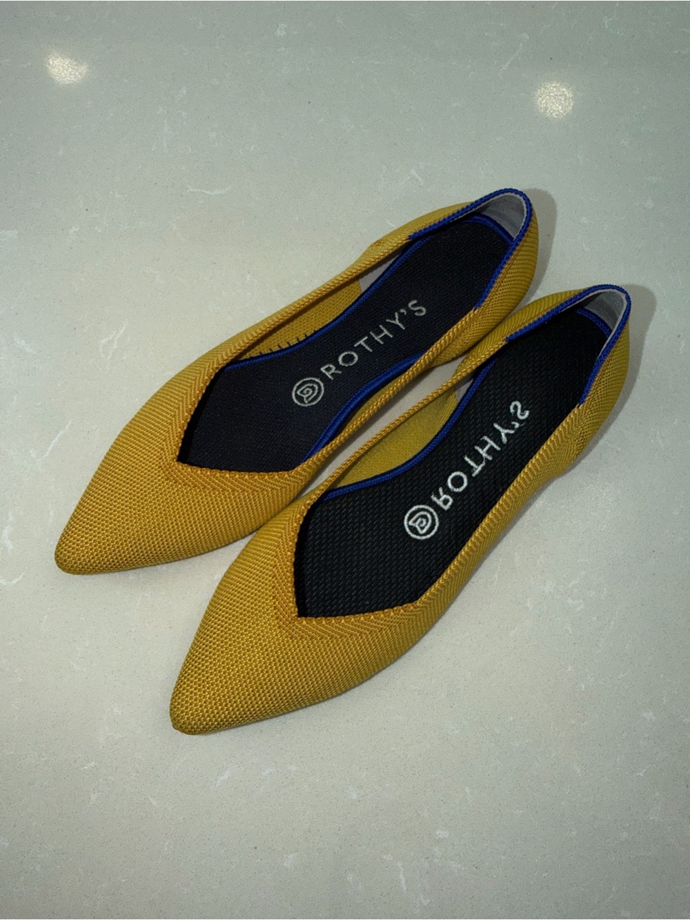 Rothy's Pointed Knit Flats in Mustard with Blue Trim - Picture 2 of 9